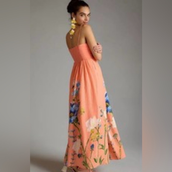 Anthropologie Ruched-bodice Floral Midi Dress In Orange SMALL - Picture 3 of 6